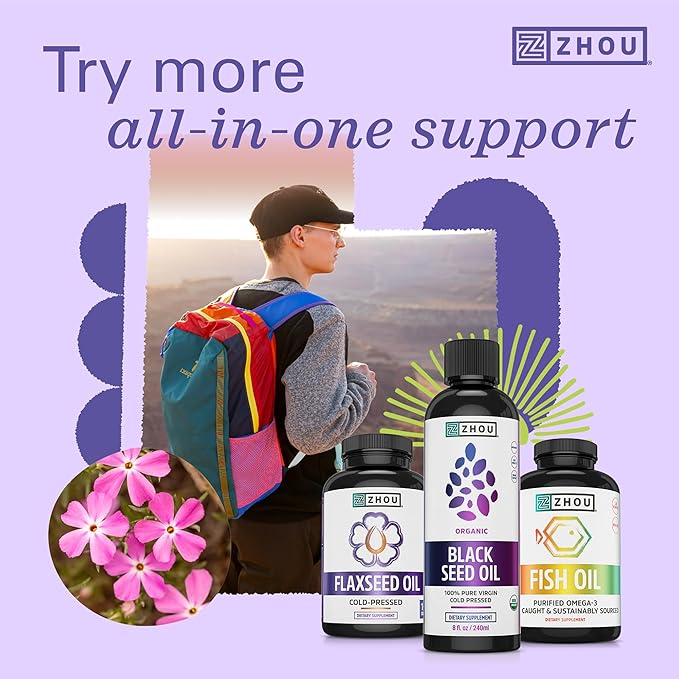 Zhou Organic Black Seed Oil - Black Cumin Seed Oil Cold Pressed, Nigella Sativa, Pure Unrefined Blackseed Liquid, Premium Supplement for Health with Thymoquinone, Omega 3 6 9 - 8 Fl Oz (Pack of 1)