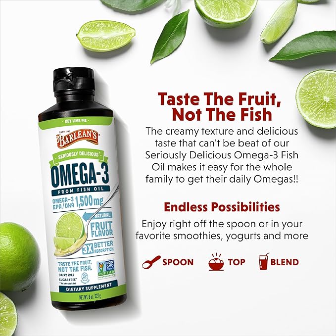 Barlean's Omega 3 Fish Oil Liquid Supplement for Men and Women, 1500mg of EPA and DHA Fatty Acid, Promotes Brain & Heart Health - Non-GMO, Key Lime Pie, 8 oz