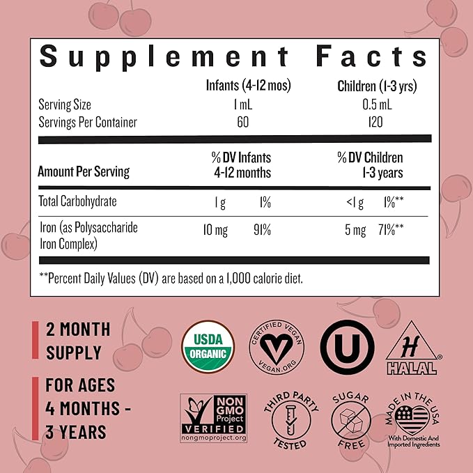 Legendairy Milk Organic Liquid Iron Supplements for Kids, Baby Vitamins, Sugar Free Liquid Iron for Kids - for Ages 4 Months to 3 Years - Cherry Flavor, 60 Servings