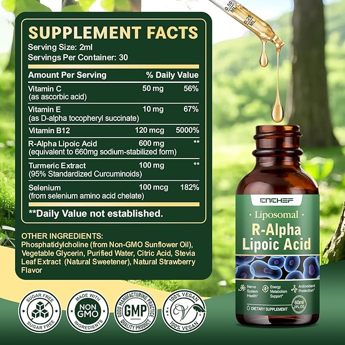 2PCS R Alpha Lipoic Acid Liquid Drops 600mg – ALA Supplement Nerve Savior for Neuropathy for Nerve, Energy & Metabolism Support - Extra Strength with Turmeric, Selenium, C E & B12, Strawberry Flavor