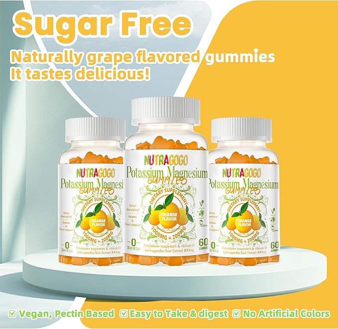 Potassium Magnesium Gummies,Potassium Supplement w/Ashwagandha,High Absorption Magnesium Glycinate,B6,D3,Potassium Citrate for Leg Cramps,Muscle,Electroyte for Adults Kids,Sugar-Free, 120 Gummies