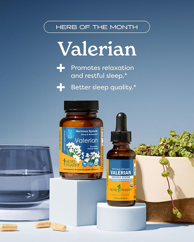Herb Pharm Valerian Root Sleep Support Capsules: Certified Organic Sleep Aid for Adults Valeriana Extract for Relaxation, Non-Bitter, Melatonin Free, Vegan, ~30-60 Day Supply, 60 Capsules*
