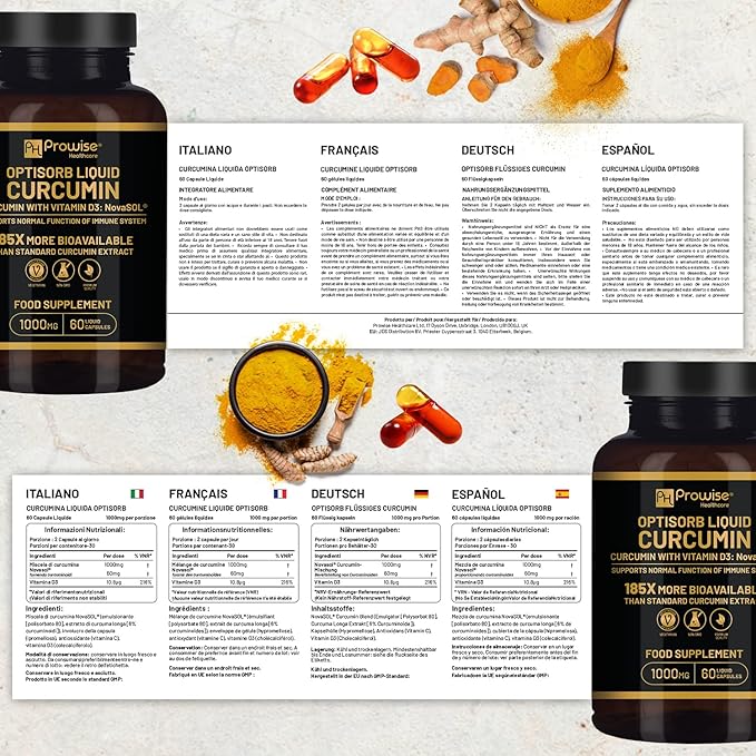 Optisorb Liquid Curcumin with Vitamin D - 60 Liqcaps | 185x Turmeric & Curcumin Bioavailability - Ultra Bioavailable | Liquid Capsules with 1000mg NovaSOL Daily Dosage - UK Manufactured
