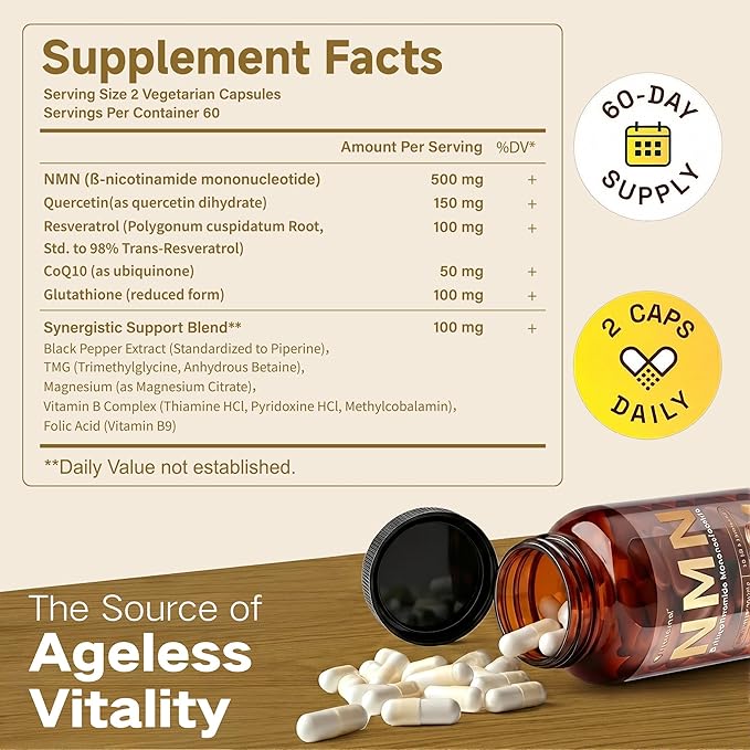 NMN Supplement 1000mg | 10-in-1 with Resveratrol, Quercetin, CoQ10 & Glutathione | Cellular Energy & Antioxidant Complex | Enhanced Bioavailability Formula with TMG & Black Pepper | 120 Capsules