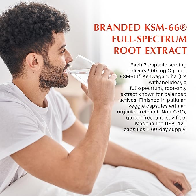 KSM-66 Ashwagandha 600mg Extra Strength Formula - Stress Relief Supplement for Sleep Support & Mood Support - Organic Full Spectrum 5% Withanolides - 120 Capsules