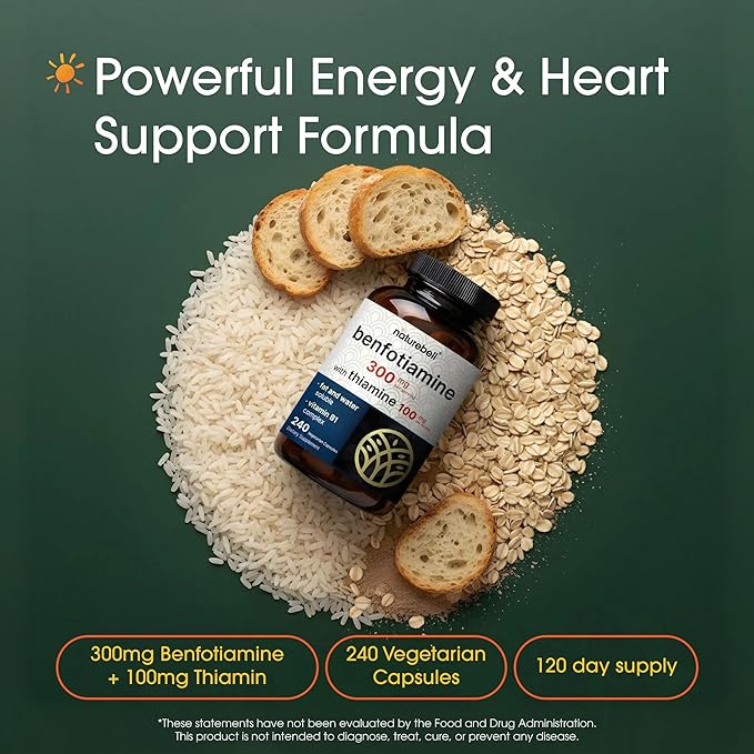 NatureBell Benfotiamine with Thiamine - 240 Vegetarian Capsules - 300mg Benfotiamine & 100mg Thiamine - for Heart Health, Energy Production & Nervous System Support* - Vitamin B1 Complex
