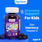 Feel Great Immune Support for Kids | Vitamin C Zinc & Elderberry Gummies | Sambucus Nigra Immunity Multivitamin | Vegetarian | 60 Day Supply