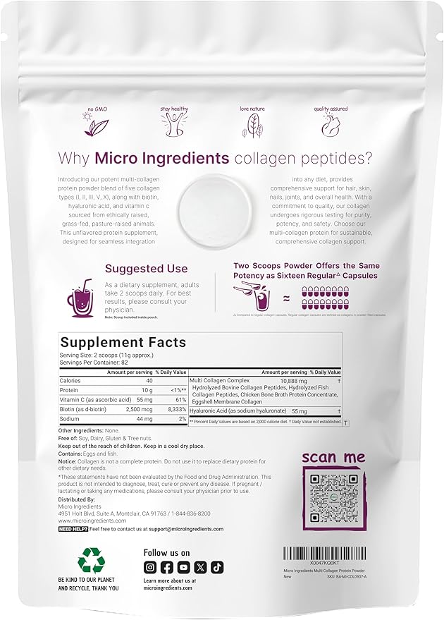 Micro Ingredients Multi Collagen Peptides Powder, 2lb – Hydrolyzed Type I,II,III,V,X with Biotin, Hyaluronic Acid, Vitamin C – Unflavored Collagen for Women & Men, Easy Dissolve, 82 Servings