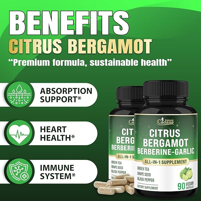 Cadane Citrus Bergamot Supplement with Berberine, Garlic, Green Tea, Grape Seed & Black Pepper | Wellness & Vitality Support | Vegan, Non-GMO – 90 Capsules – 45-Day Supply