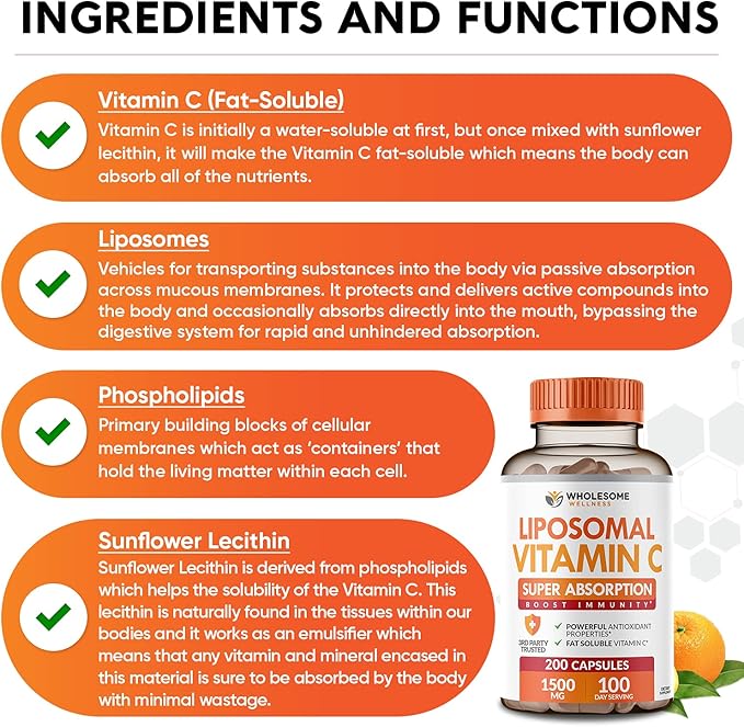 Wholesome Wellness Liposomal Vitamin C Capsules (200 Pills 1500mg Buffered) + Super-Absorb Multi Collagen Pills (Type I II III V X) Organic Herbs and Bioperine Bundle