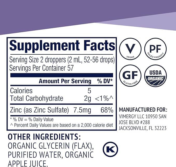 VIMERGY USDA Organic Zinc Supplements for Women & Men (7.5mg Liquid Zinc Per Serving) Fast-Absorbing Immune Support, Promotes Healthy Bones & Skin, Vegan, Up to 57 Servings (115 mL)