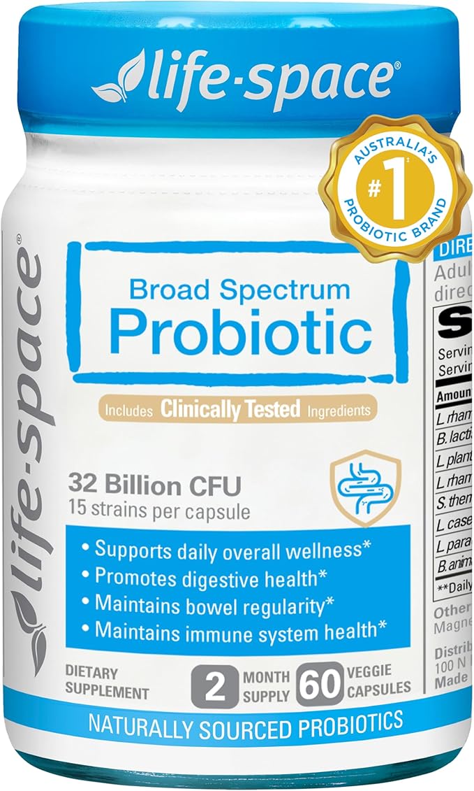Life-Space Premium Broad Spectrum Probiotics, 2 Month Serving, 32 Billion CFU & 15 Diverse Strains, Formulated for Daily Digestive Health & Immune Health, Probiotics for Women & Men, 60 Veg Capsules