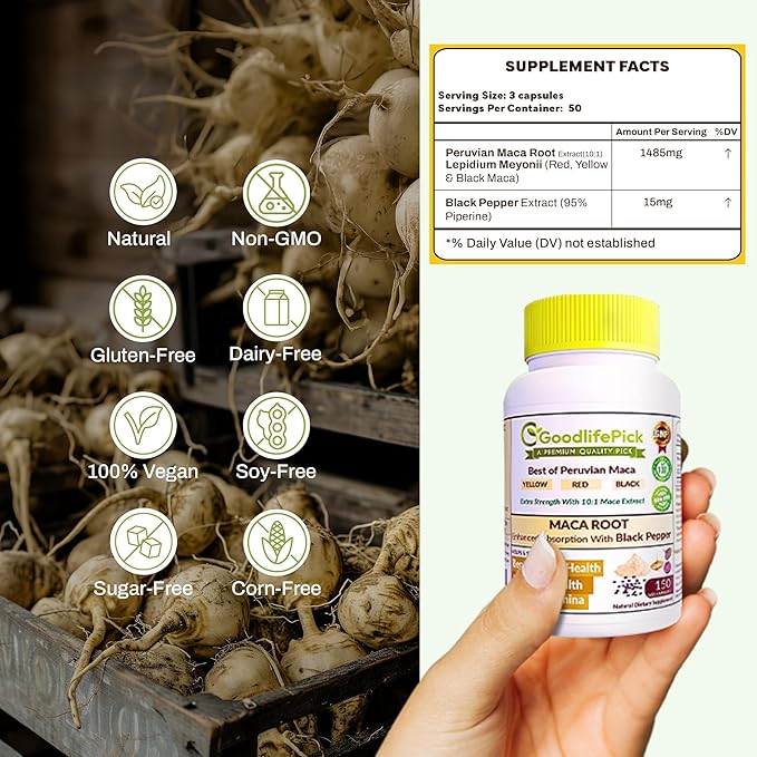 Peruvian Maca Root Capsules with Black Pepper 150 ct. Premium Yellow Red & Black Red Powerful 10:1 All Type Maca Extract All Natural Non-GMO Vegan NO Rice Powder NO Stearate NO Silicon (Pack of 2)