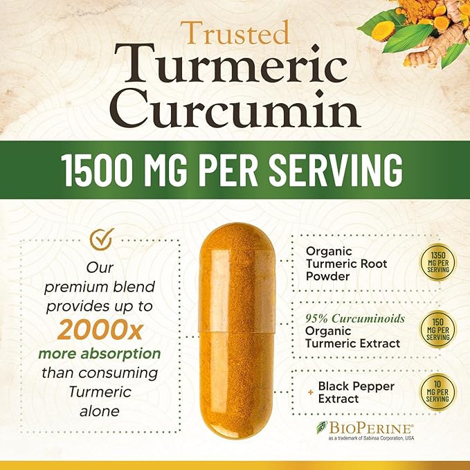 Turmeric Curcumin Supplement 1500mg - Organic Tumeric & BioPerine Black Pepper for Best Absorption with 95% Curcuminoids, Nature's Joint & Immune Support, Non-GMO, Bottled in USA - 360 Capsules