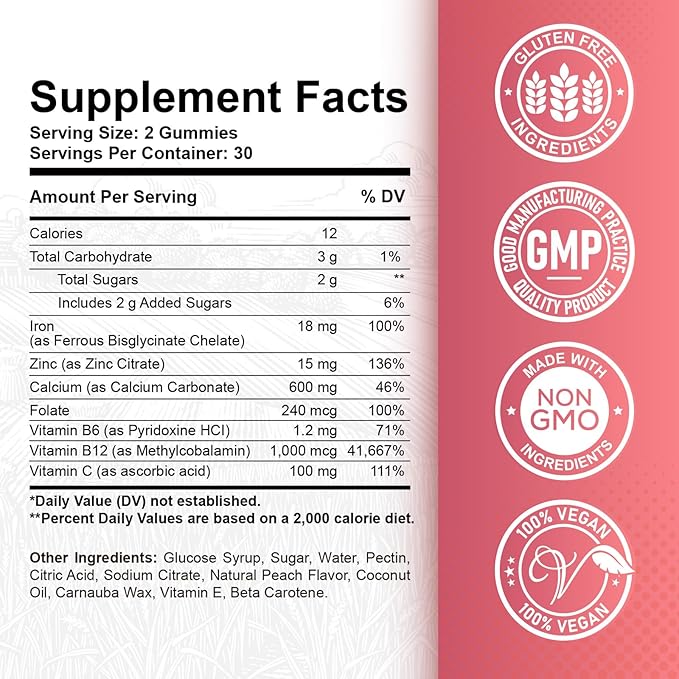 Iron Gummies with Zinc, Calcium, Vitamin C, B6 & B12 | Iron Supplement for Women, Men & Kids | Supports Anemia & Deficiency, Blood Builder & Cell Formation | Chewable Peach Flavor, 60 Gummies