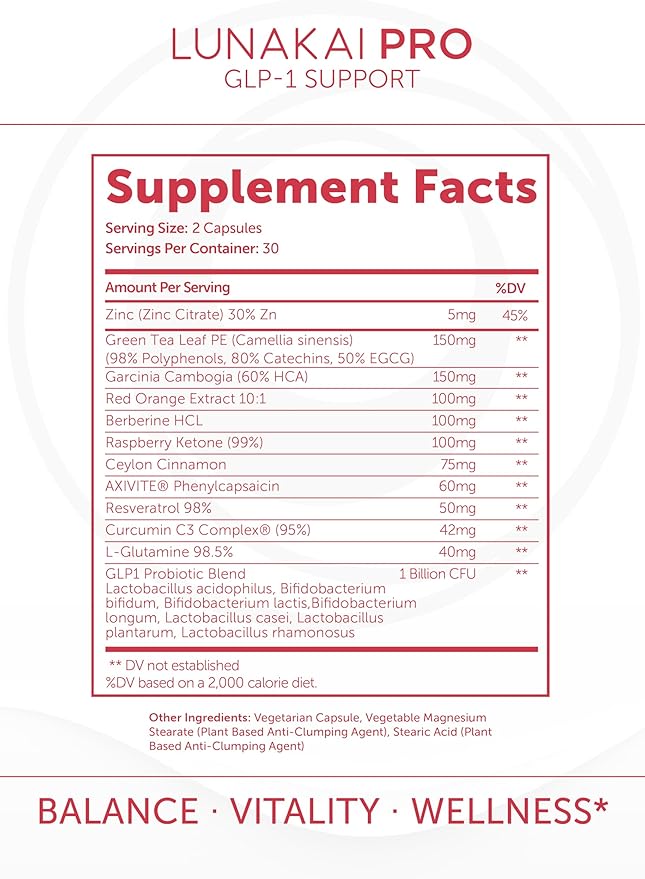Lunakai USA Made GLP-1 Supplement - Natural GLP 1 Support with Probiotics & Resveratrol – Supports Weight Management, Cravings & Metabolism, 60ct
