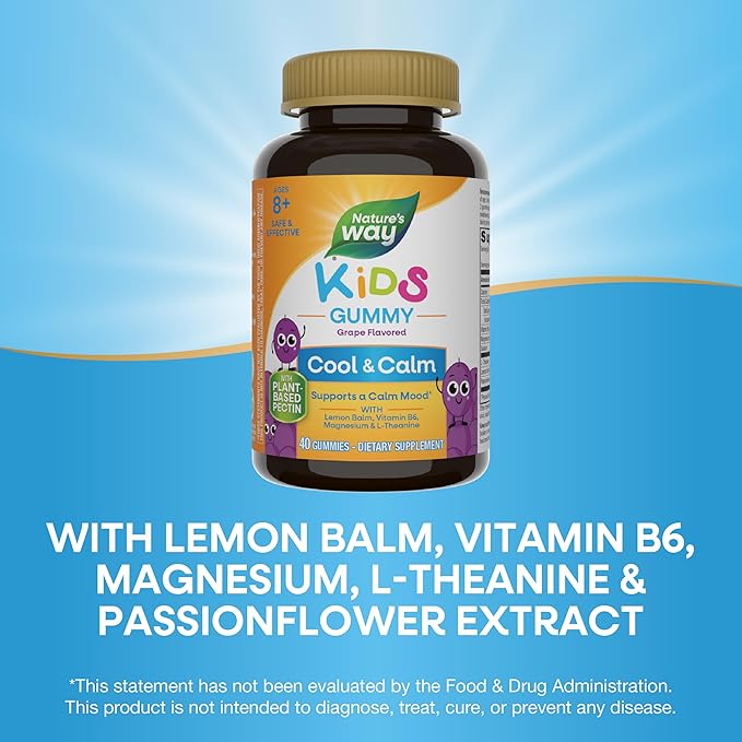 Nature's Way Kids Cool & Calm Gummies, Supports a Calm Mood in Kids Ages 8+*, Lemon Balm, Magnesium, Vitamin B6, L-Theanine, Grape Flavored, Vegetarian, 40 Count (Packaging May Vary)