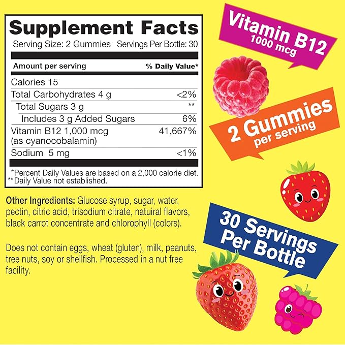 WellYeah Vitamin B12 Gummies for Kids - Boost Energy, Improve Brain Function, and Strengthen Immune System - Non-GMO, Gluten-Free - Great Tasting Berry Flavor - Easy to Chew - 60 Gummies