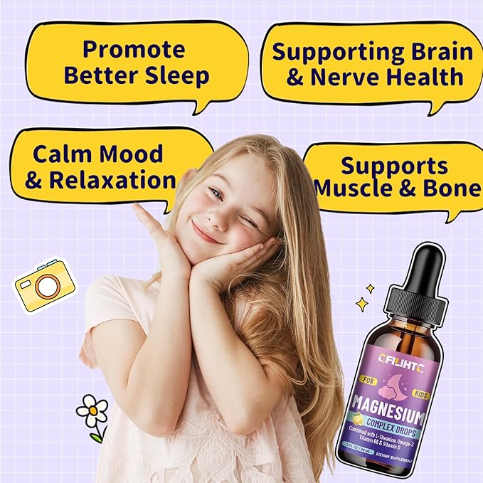 Kids Magnesium Liquid Drops-Magnesium Glycinate Liquid for Kids Supplement-w/L-theanine, Omega-3, Vitamin B6, D3 - for Sleep, Relaxation, Brain, Bones - Lemon Flavor, 4 Fl Oz
