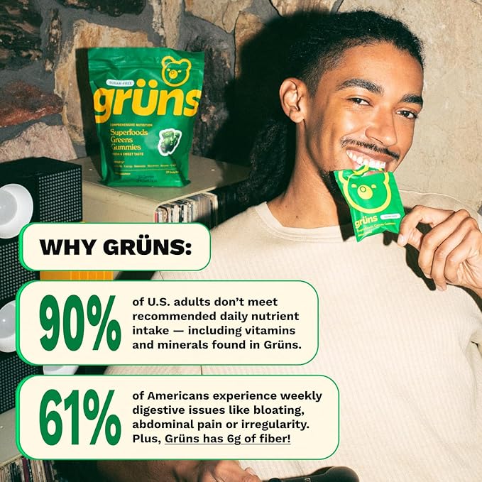 Gruns Adult Sugar-Free Super Greens Multivitamin Gummies, Superfood Gummy Vitamins for Women and Men with Spirulina, Chlorella, Adaptogens & Prebiotic Fiber for Digestive Health (28 Count)