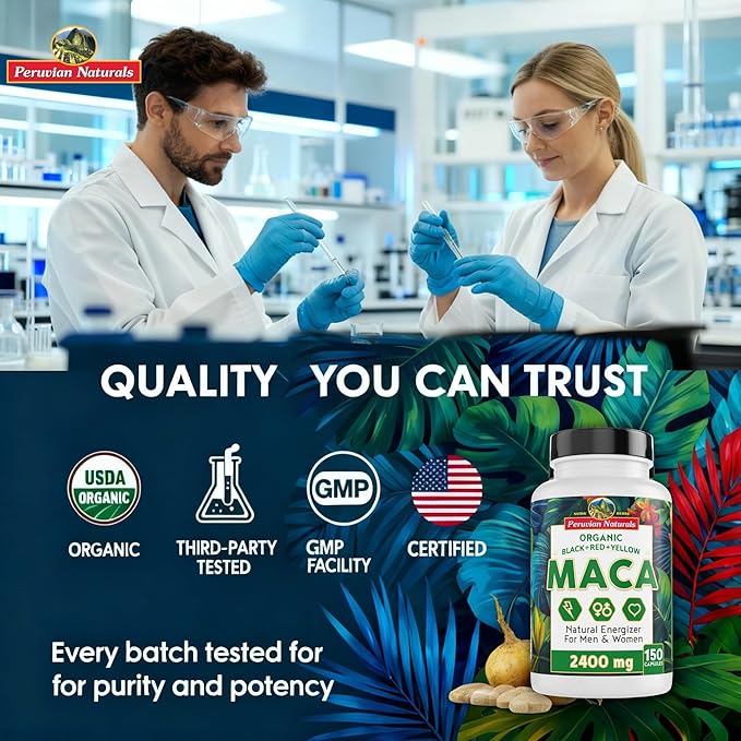 Peruvian Naturals Organic Maca Root Capsules for Women & Men, 2400 mg, 300 Vegan Pills with Black, Red & Yellow Root, Gelatinized, Non-GMO, Pack of 2