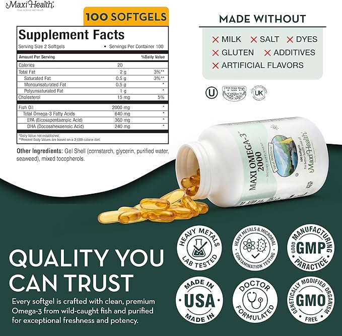 Omega 3 Fish Oil - Triple Strength 2000 mg Kosher Fish Oil Supplements - No Fishy Aftertaste Omega 3 Supplement - Burpless Fish Oil Omega 3 Fatty Acid Supplement with EPA and DHA (100 Softgels)
