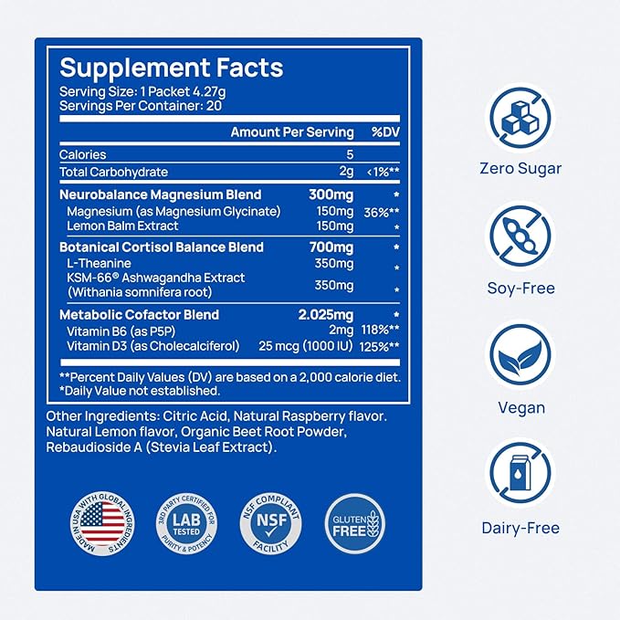 Selerb CalmTrio Magnesium Glycinate Powder Cortisol Drink Mix - No Sugar with L-Theanine, Ksm-66® Ashwagandha, Lemon Balm, Vitamin D3, B6, Supplements for Relax, Focus & Calm, Raspberry Lemon 20 Ct