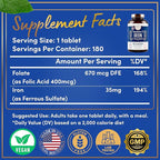 Iron and Folic Acid Supplements for Women - 35mg Gentle Iron Vitamin, Folic Acid 400mcg - Anemia, Period, Pregnancy Support Supplement, Ferrous Sulfate Pills - 180 Vegan Non-Constipating Tablets