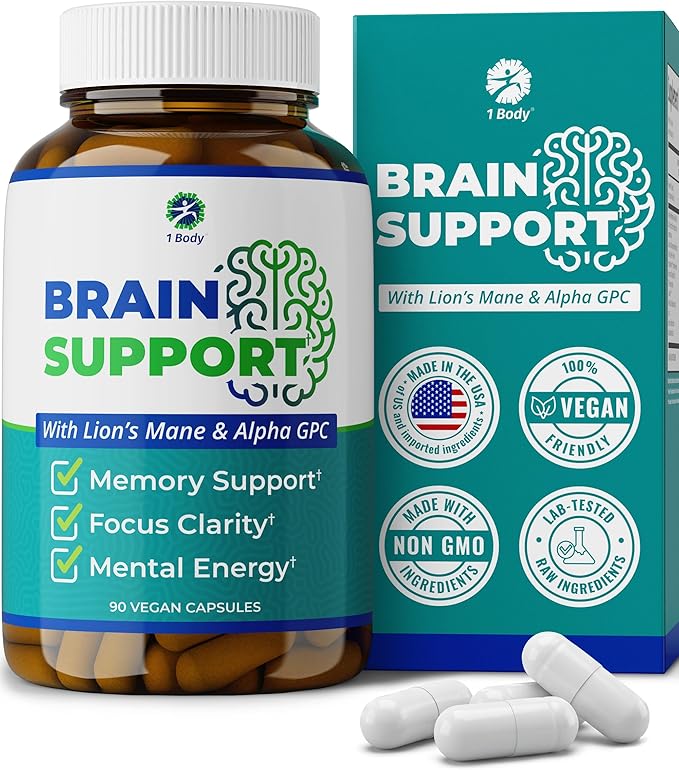 1 Body Brain Supplement – Nootropic Brain Booster with Alpha GPC, Ginkgo & Bacopa – 90 Vegan Capsules – Memory Supplement for Brain Support, Focus Pills, Brain Fog Supplements for Women and Seniors