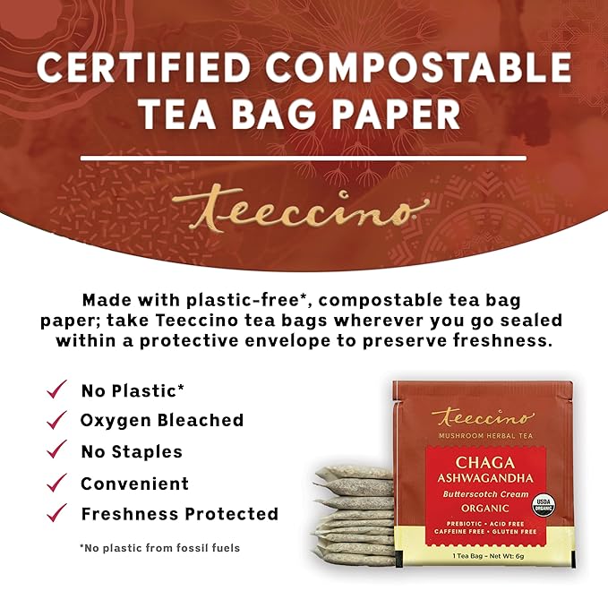 Teeccino Organic Mushroom Herbal Tea, Chaga Ashwagandha, Butterscotch Cream, Caffeine Free, 25 Tea Bags, 5.3 oz (150 g)
