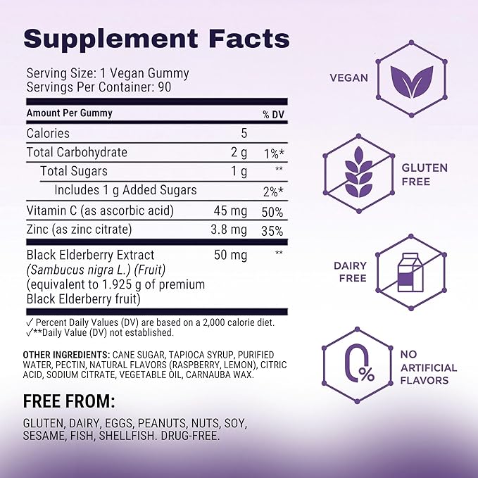 Sambucol Elderberry Gummies - Immune Support Supplement for Adults & Kids with Vitamin C & Zinc, Sambucol Elderberry are High in Antioxidants, Gluten Free, Vegan - 90 Count