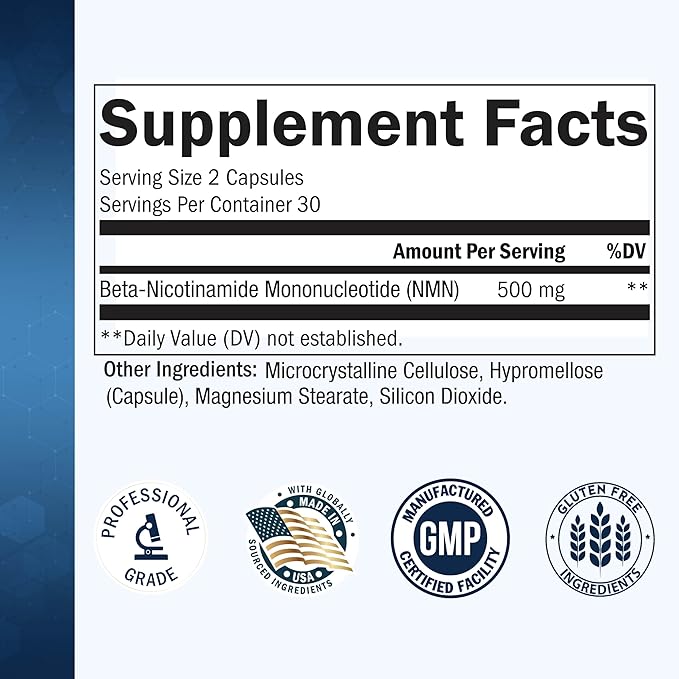 BioSchwartz NMN Supplement - 500mg Nicotinamide Mononucleotide - 30 Servings, 60 Capsules - Made in The USA with Premium Globally Sourced Ingredients, Third-Party Tested, Gluten-Free NMN Supplement