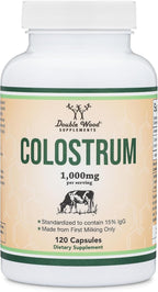 Colostrum Supplement 120 Capsules, 1,000mg per Serving (Bovine Colostrum Powder from First Milking Only, Std. to Contain 15% IgG Immunoglobulins) No Fillers, Third Party Tested by Double Wood