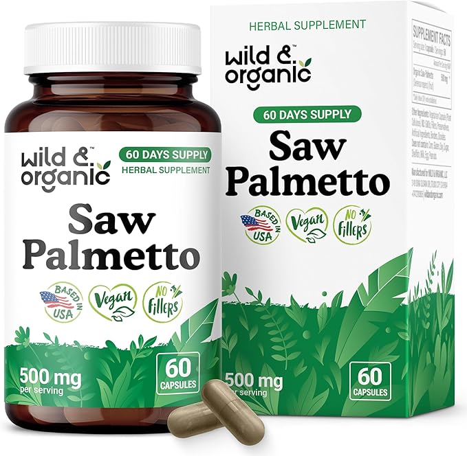 Wild & Organic Saw Palmetto Capsules 500 mg - Urinary Tract Support for Men & Women - Pure Saw Palmetto Powder Supplement - Serenoa Repens Berries - 60 Days of Supply - Vegan, Non-GMO - 60 Count