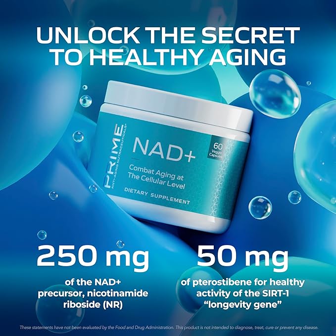 PRIME Anti-Aging Nutraceuticals NAD+ – Nicotinamide Riboside & Pterostilbene Supplement for Cellular Energy, Healthy Aging & Vitality, Vegan, Gluten-Free, 30 Servings