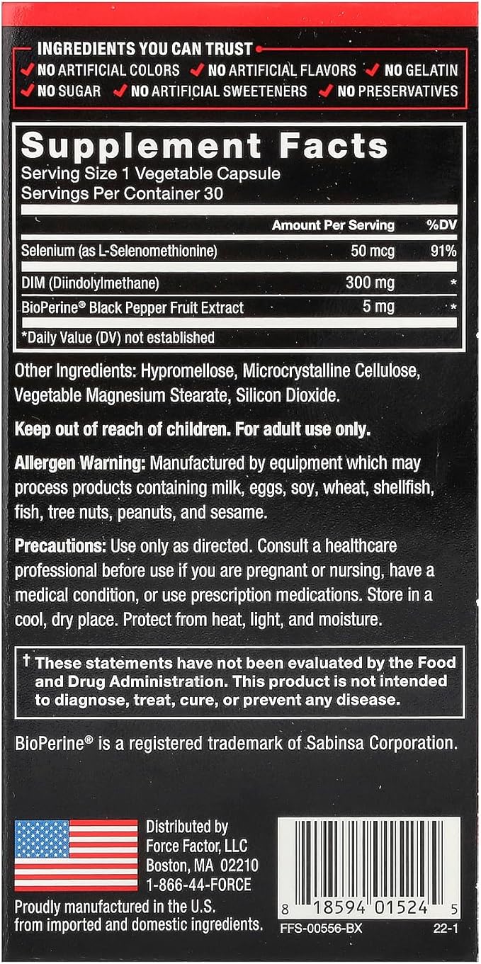 Force Factor DIM Pills to Decrease Estrogen in Men, Diindolylmethane Supplement with Key Natural Ingredients and Superior Absorption, Diindolylmethane 300mg, Works Fast, 30 Capsules