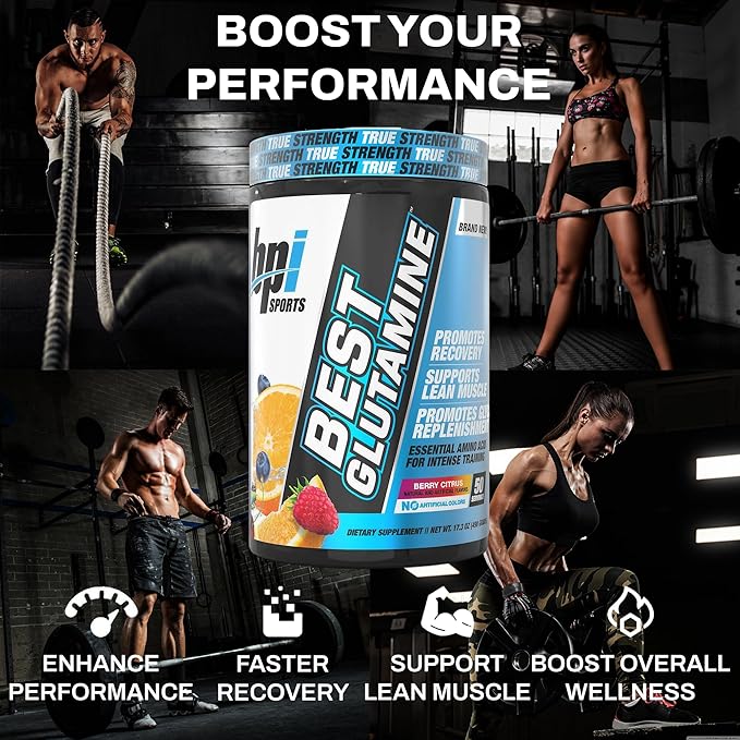 BPI Sports Best Glutamine Supplement, L Glutamine Powder for Gut Health, Muscle Recovery and Immune Support – 6 Advanced Glutamine Types + Vitamin C – 50 Servings – Berry Citrus Flavor