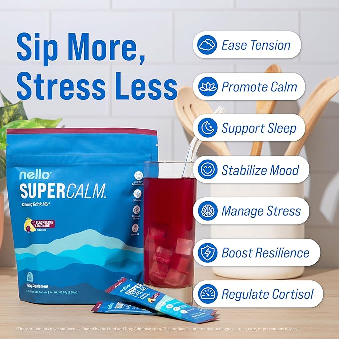 Nello Supercalm Powdered Drink Mix, Cortisol Reducer*, Sleep Aid Supplement, L Theanine, Ksm-66 Ashwagandha, Magnesium Glycinate, Vitamin D 3, No Sugar, Non GMO, 20 Ct, BlackBerry Lemonade