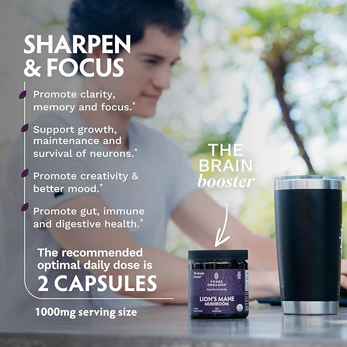 TRIBE ORGANICS Lion’s Mane Supplement 1000mg Mushroom Extract Powder - Immune System Booster & Brain Nootropic for Focus and Memory | Mental Clarity | Natural Energy and Immunity - 120 Vegan Capsules