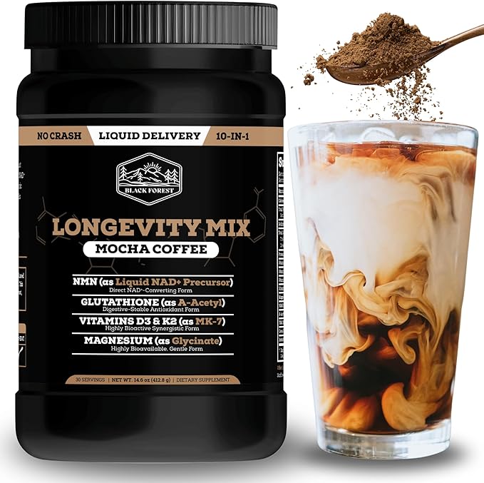 Black Forest Longevity Mix Liquid NAD+ Alternative Mocha Coffee 10-in-1 with NMN 250mg, Glutathione 250mg, TMG, Magnesium Glycinate, Vitamins D3 K2 C B12, High Polyphenol Cocoa, 30 Servings