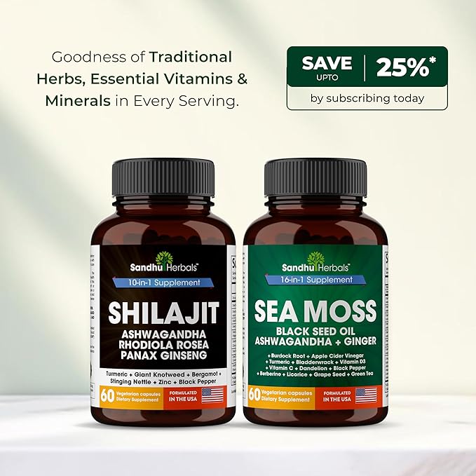 Shilajit Sea Moss Ashwagandha Combo Bundle - Black Seed Oil, Turmeric, Rhodiola Rosea, Panax, Ginseng Supplement | 120 Capsules, Better Than Gummies, Resin | Seamoss for Men & Women