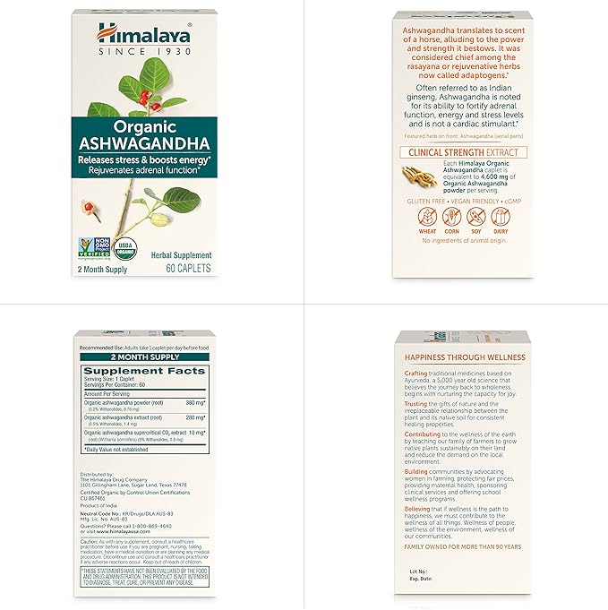 Himalaya Organic Ashwagandha Root, 120 Day Supply - Herbal Adrenal Support Supplements for Stress Relief and Energy Support - USDA Organic, Non-GMO, Vegan, Gluten Free, 60 Caplets, 2 Pack