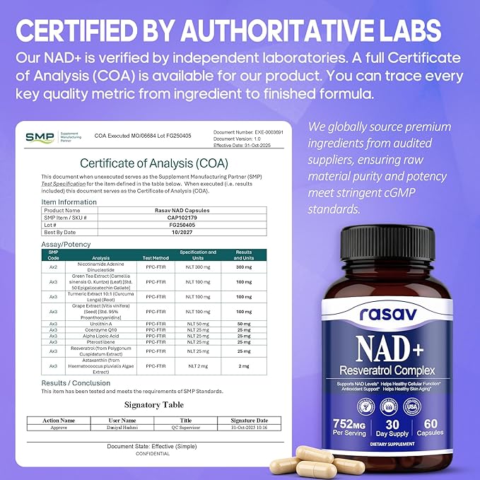 Rasav NAD Supplement 10-in-1 Extra Strength – NAD Resveratrol with CoQ10, Urolithin A, Green Tea Extract & ALA – NMN Supplement Alternative for Women & Men