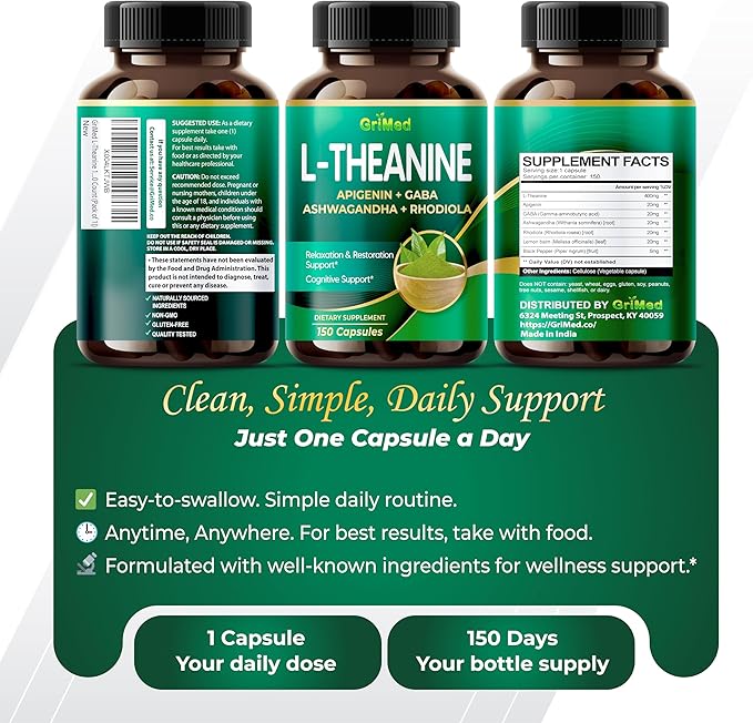 GriMed L-Theanine 11,900mg- X10 Power with Apigenin, GABA Ashwagandha, Rhodiola - Relaxation & Restoration Focus and Memory (150 Count (Pack of 1))