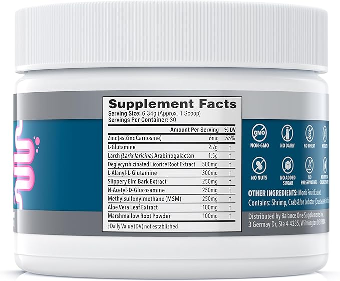Balance ONE L-Glutamine Powder & Zinc Carnosine Supplement – Leaky Gut Repair Formula with Slippery Elm, DGL Licorice, Marshmallow & Aloe Vera – Digestive Lining Support – 1 Month Supply – RevivaGut
