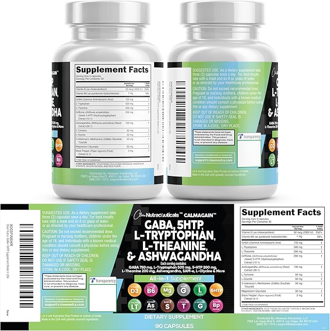 Clean Nutraceuticals GABA 750mg 5 HTP 200mg L Tryptophan 500mg L Theanine 200mg Ashwagandha SAM-e L-Glycine - Mood Support Vitamins for Women and Men with L-Tyrosine (90 Count (Pack of 5))