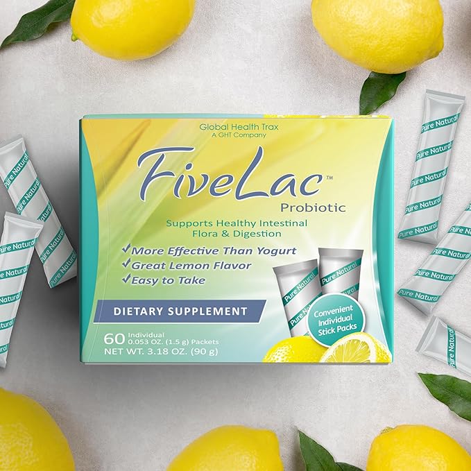 Global Health Trax GHT - FiveLac Lemon Probiotic Powder Drink Mix, Probiotics for Women, Men & Kids - Smooth Digestive Support & Elimination - Relieves Constipation & Gas - 60 Packets (2 Pack) Non-GMO