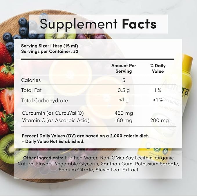 Aurora Nutrascience Mega-Liposomal Curcumin+ Vitamin C with CurcuVail, Supports Healthy Joints, Muscles, GI Tract, and Brain, Organic, Non-GMO, 450mg per Serving, 16 fl oz