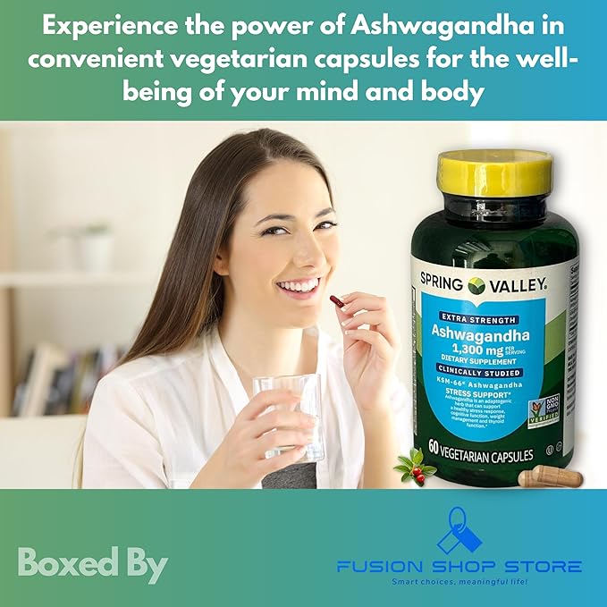Ashwagandha ksm 66 1300mg- Capsules Extra Strength, 60ct (Pack of 1), Boxed By Fusion Shop Store
