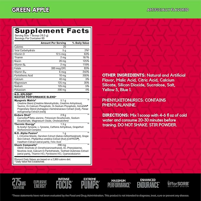 BSN N.O.-XPLODE Pre Workout Powder, Energy Supplement for Men and Women with Creatine and Beta-Alanine, Green Apple, 60 Servings, 2.45 Pound (Packaging May Vary)